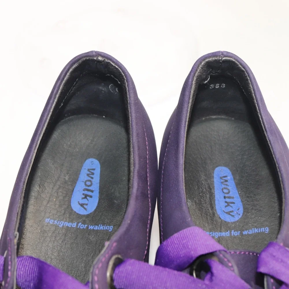 Wolky Womens Faith Oxford Pump Size 39 8 Purple Leather Wedge Lace Up Shoe Boho